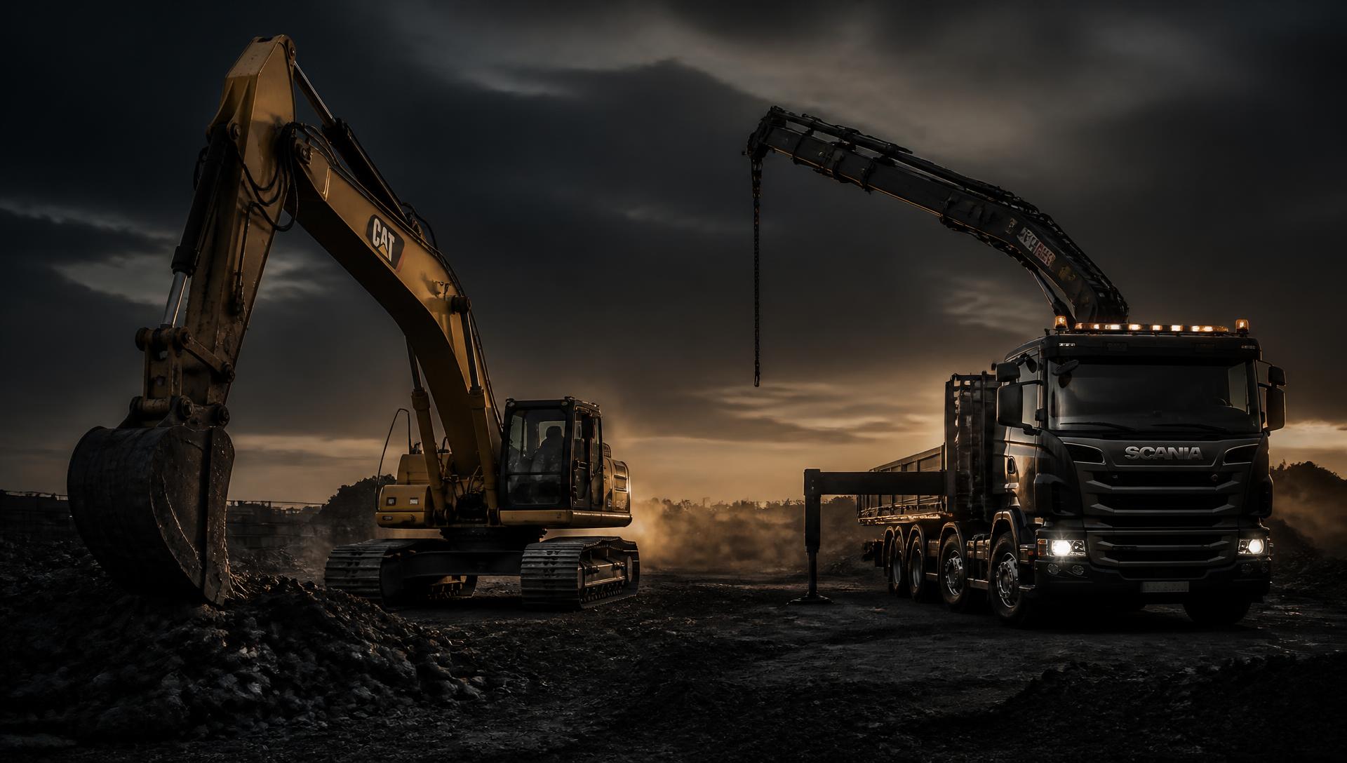 Excavator and truck-mounted knuckle boom crane on a construction site at dusk